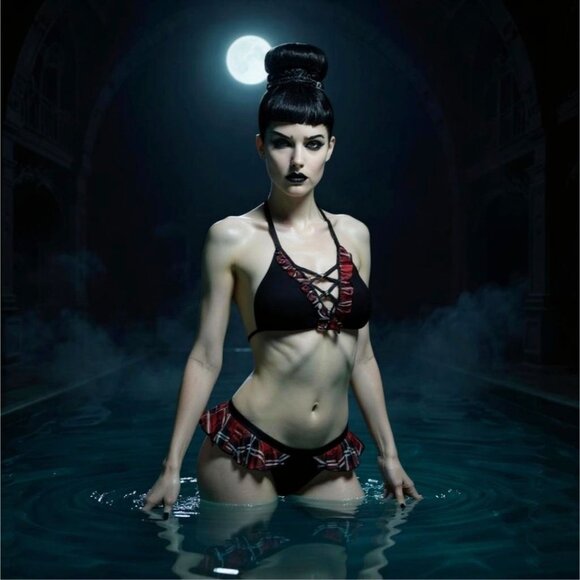 Crisscross Plaid Bikini Set XL-2XL – Ruffle Trim & Skull Charms by Devil’s Fashi - Picture 1 of 10